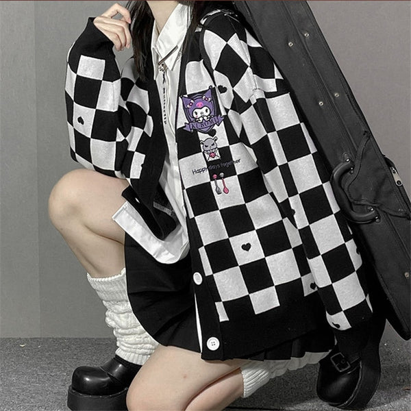 Kawaii Sanrio Plaid Sweater With Buttons - Juneptune