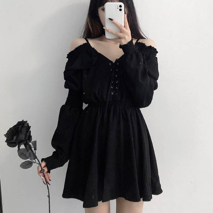 Gothic Off Shoulder Black Dress - Juneptune