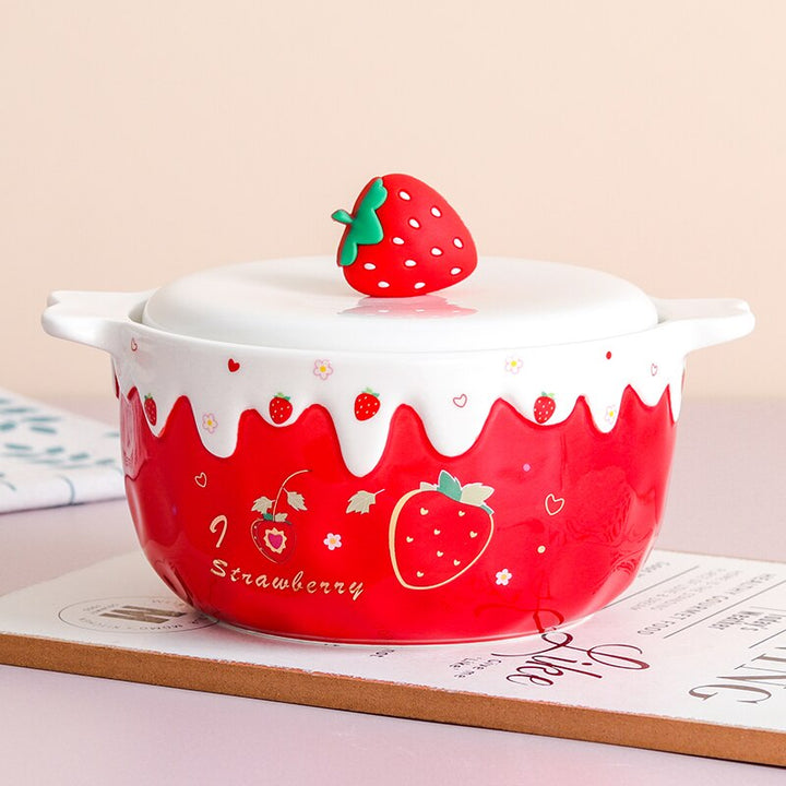 Kawaii Strawberry Ramen Bowl With Lid - Juneptune