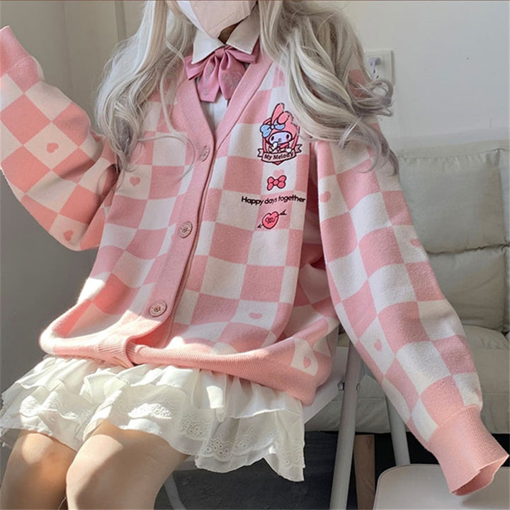 Kawaii Sanrio Plaid Sweater With Buttons - Juneptune