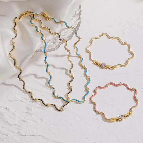 Wavy Enamel Gold Necklace & Bracelet Set