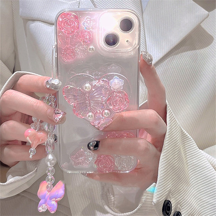 Kawaii Aesthetic Butterfly iPhone Case With Bracelet And Grip - Juneptune