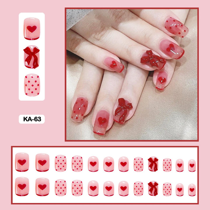 24pcs/Box Press On False Nails - Aesthetic Heart Bow Nails - Juneptune