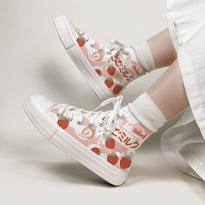 Kawaii Pink Strawberry High Top Shoes - Juneptune