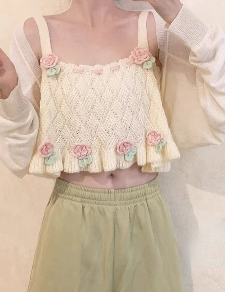 Kawaii Lolita Knitted Flower Tank Top - Juneptune