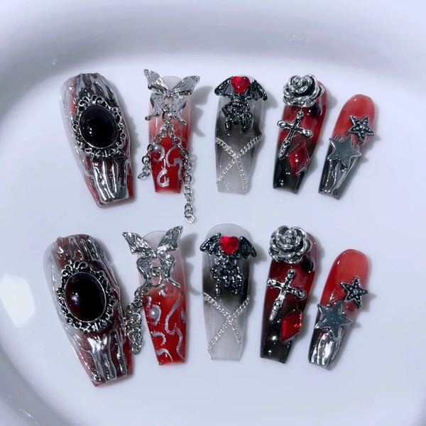 Crimson Chains & Crosses Nails Set