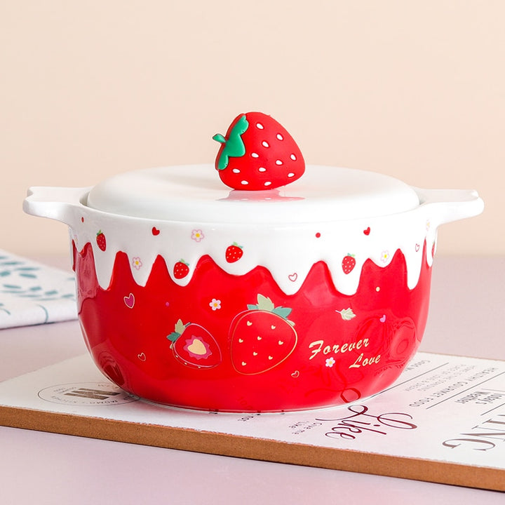 Kawaii Strawberry Ramen Bowl With Lid - Juneptune