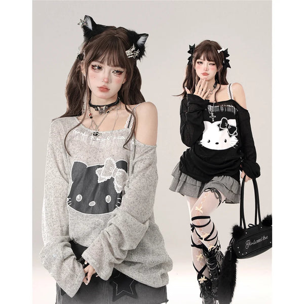 Edgy Hello Kitty Off-Shoulder Sweater