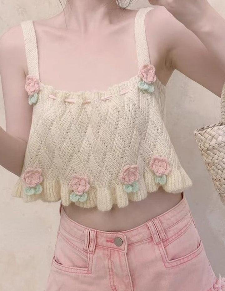 Kawaii Lolita Knitted Flower Tank Top - Juneptune