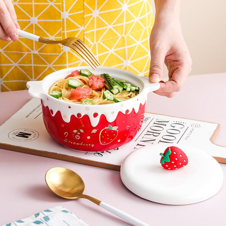 Kawaii Strawberry Ramen Bowl With Lid - Juneptune