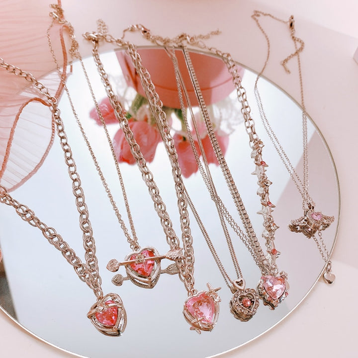 Y2K Pink Crystal Peach Heart Necklace - Juneptune