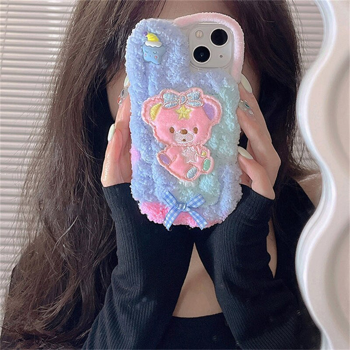 Korean Cute Fuzzy Cotton Candy Bear iPhone Case - Juneptune