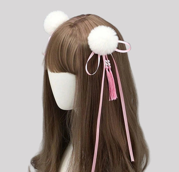 Fluffy Pom Pom Ribbon Hair Clips