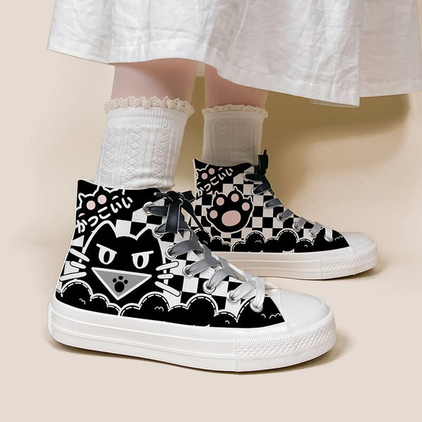 Streetwear Plaid Black Cat High Top Shoes - Juneptune