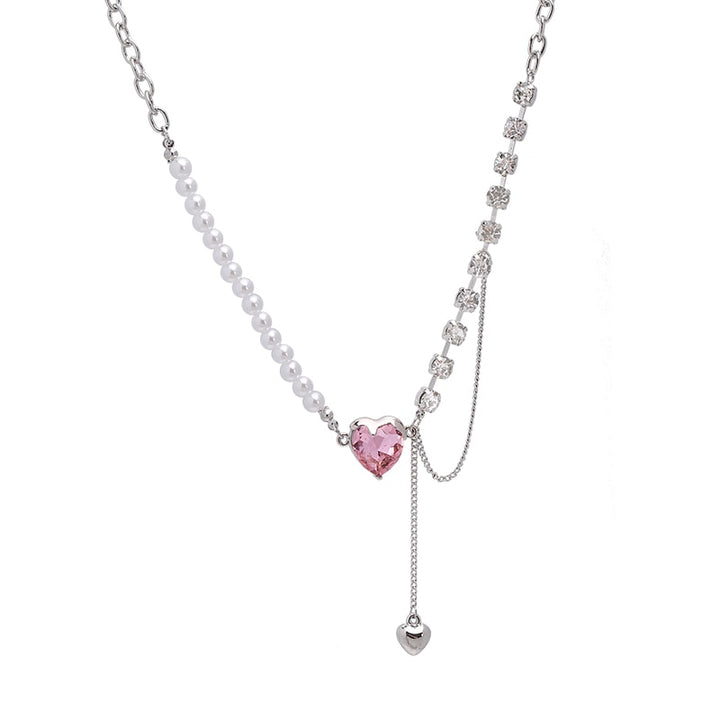 Y2K Pink Crystal Peach Heart Necklace - Juneptune