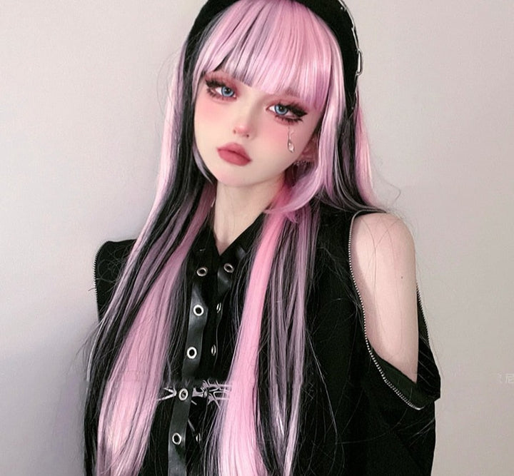 Aesthetic Light Pink & Black Synthetic Wig - Juneptune