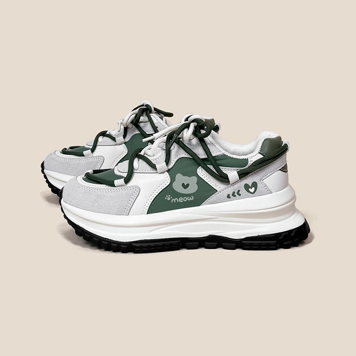 Kawaii Green Cat Chunky Sneakers - Juneptune