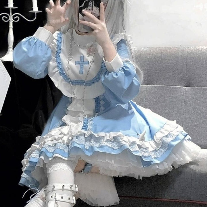 Gothic Lolita Ruffles Blue Dress - Juneptune