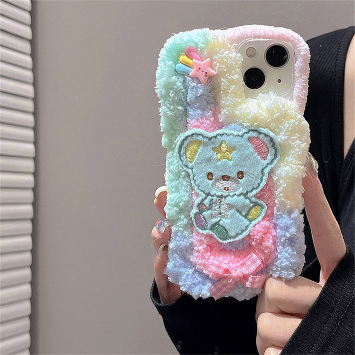 Korean Cute Fuzzy Cotton Candy Bear iPhone Case - Juneptune