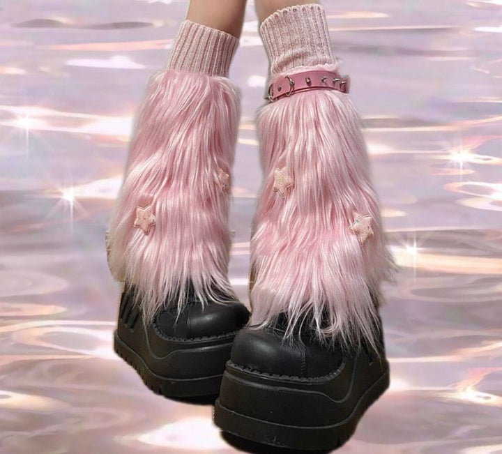 Y2K Pink Fur Leg Warmers - Juneptune