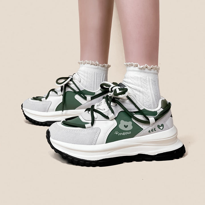 Kawaii Green Cat Chunky Sneakers - Juneptune