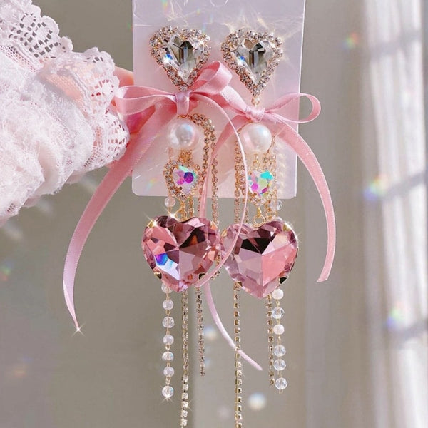 Y2K Korean Inspired Pink Bow Earrings - Juneptune