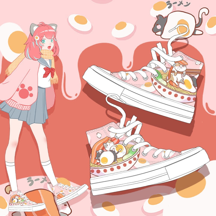 Kawaii Pink Ramen Cat High Top Shoes - Juneptune