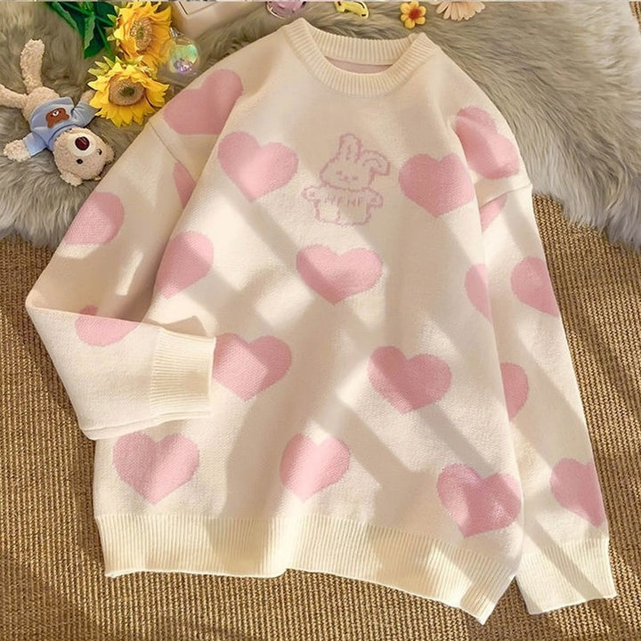 Kawaii Pink Bunny Hearts Sweater - Juneptune