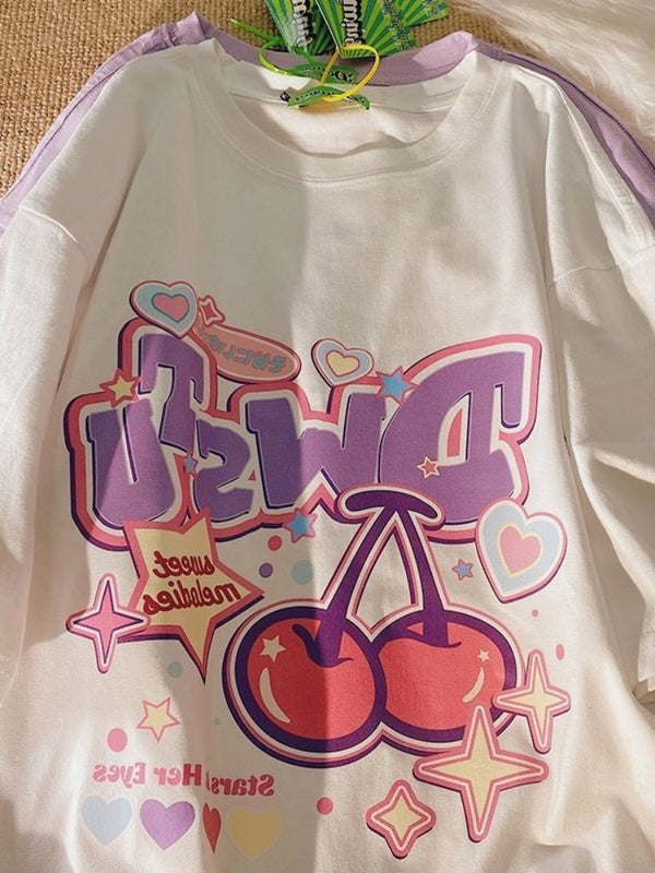 Kawaii Cherry Print T-Shirt - Juneptune