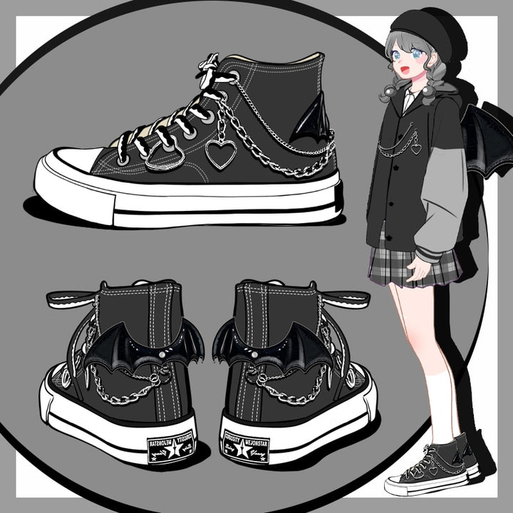 Gothic Black Bat Chain High Top Shoes - Juneptune