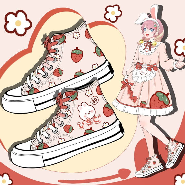 Kawaii Pink Strawberry Spring High Top Shoes - Juneptune