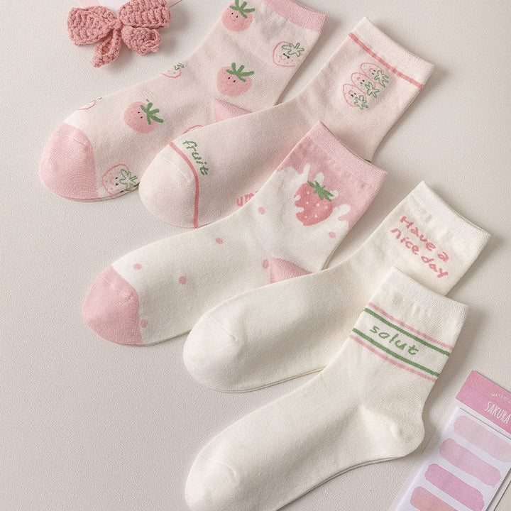 Kawaii Pink Strawberry Cotton Socks - Juneptune