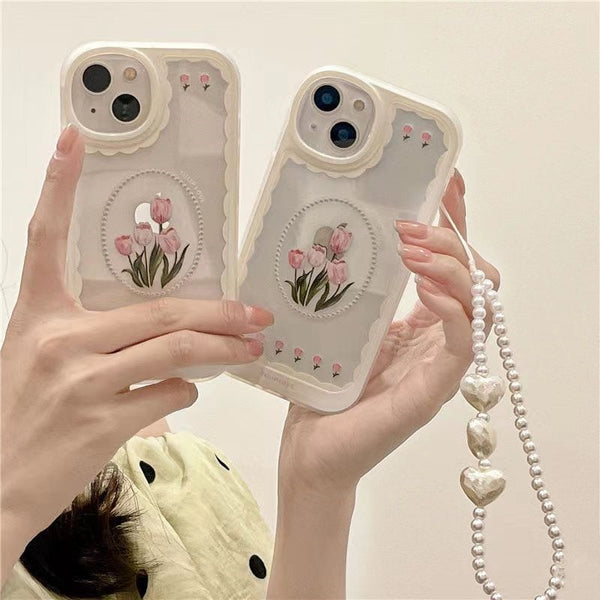 Aesthetic Tulip Flower Silicone iPhone Case With Lanyard - Juneptune