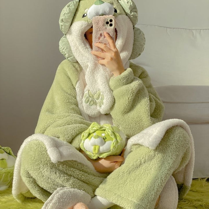 Kawaii Cabbage Shiba Hooded Fuzzy Pajama Set - Juneptune