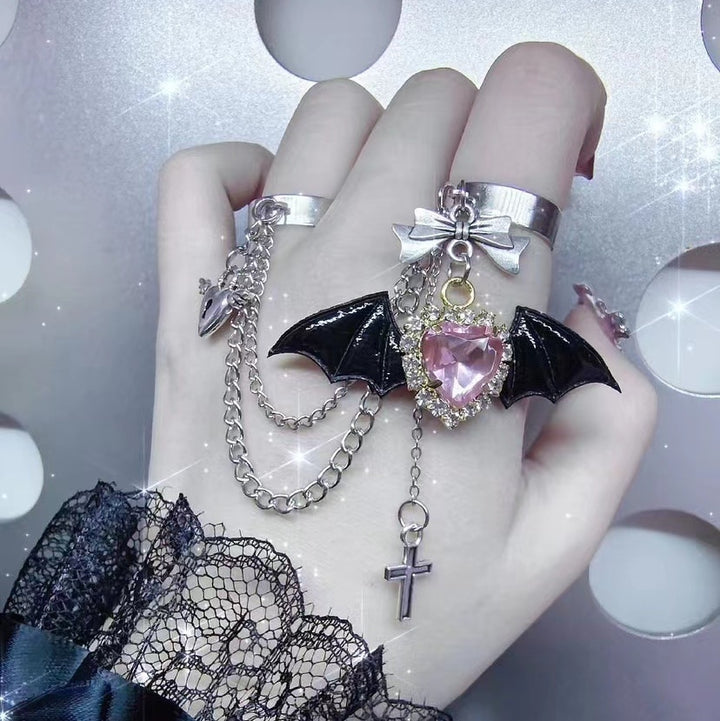 Gothic Punk Angel Wings Bowknot Cross Rings - Juneptune