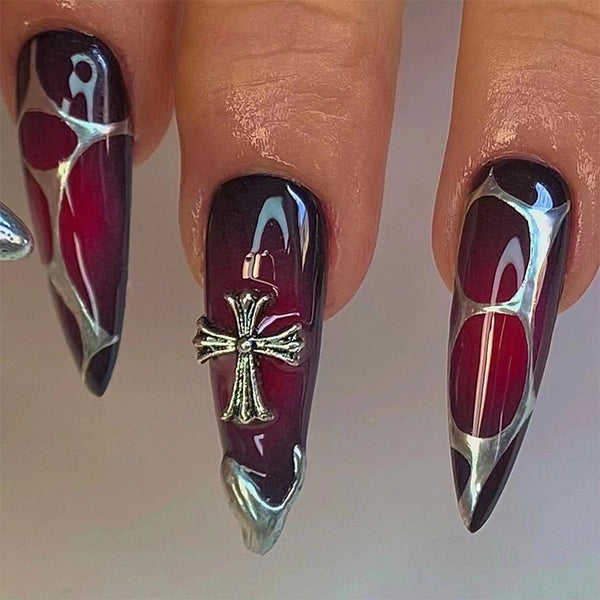 24pcs/Box Press On Long Aesthetic Gothic Red False Nails - Juneptune