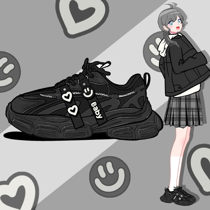 Black Heart Chunky Sneakers - Juneptune