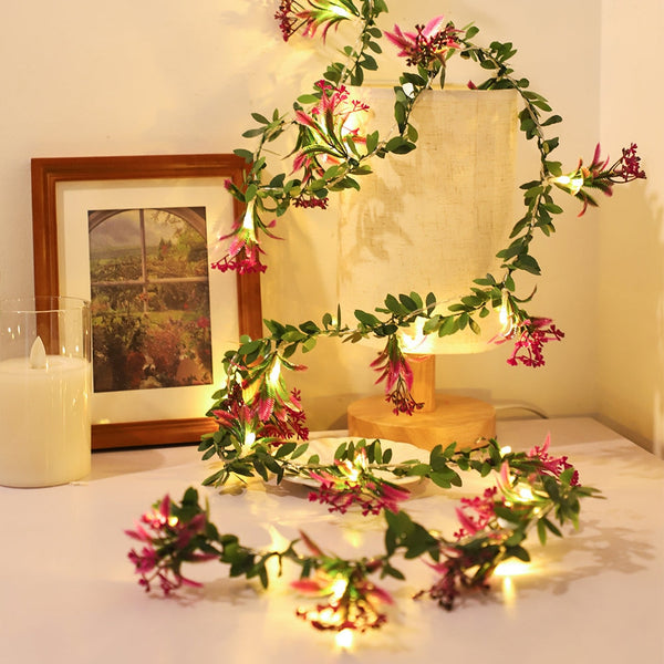 Cottagecore Pink Flowers Leaves Garland Led Lights - Juneptune