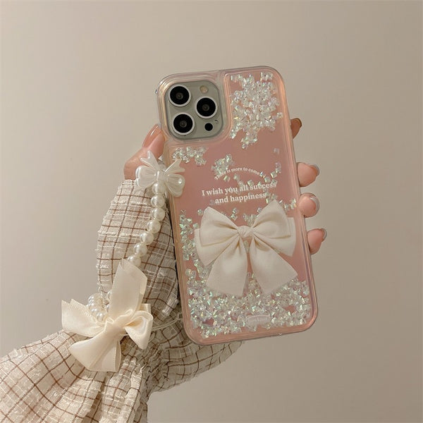 Kawaii Clear Bow Quicksand With Lanyard iPhone Case - Juneptune