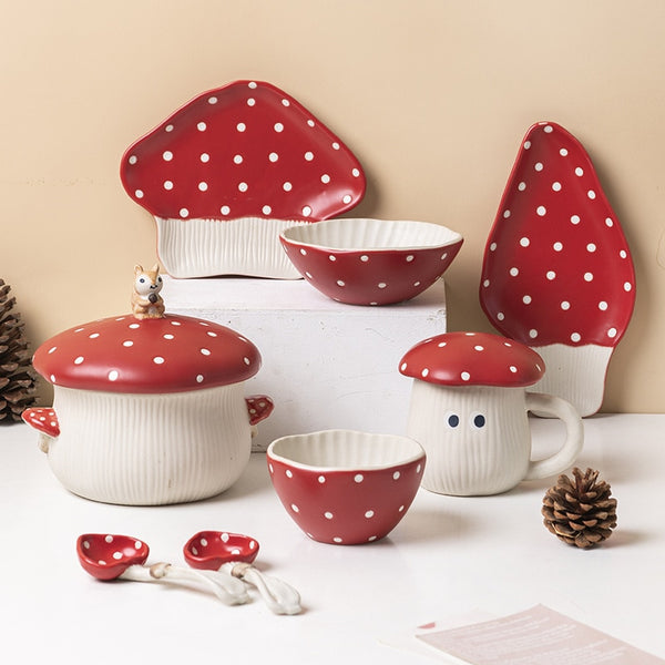 Cottagecore Red Mushroom Ceramic Tableware Set - Juneptune