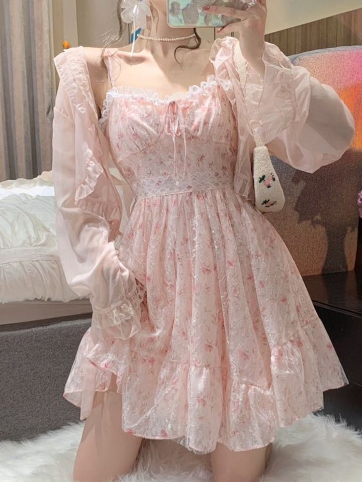 Kawaii Lolita Floral Pink Mini Dress - Juneptune