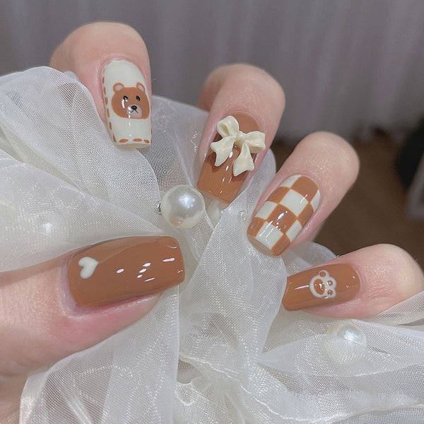 24pcs/Box Press On Y2K Coffee Bear False Nails - Juneptune