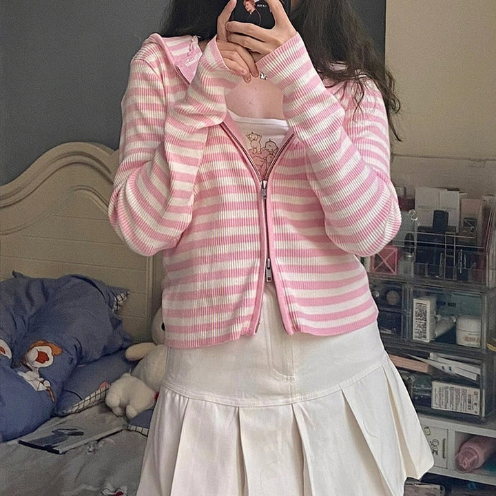 Kawaii Lolita Striped Pink Hoodie - Juneptune