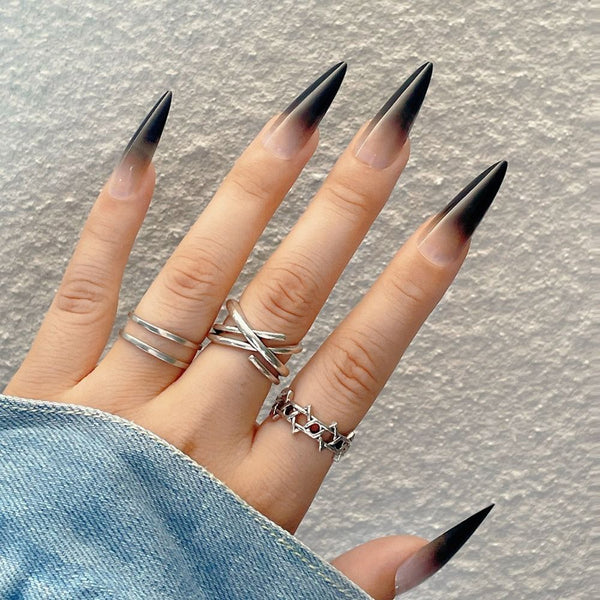 24pcs/Box Press On Long Aesthetic Gothic Gradient Black False Nails - Juneptune