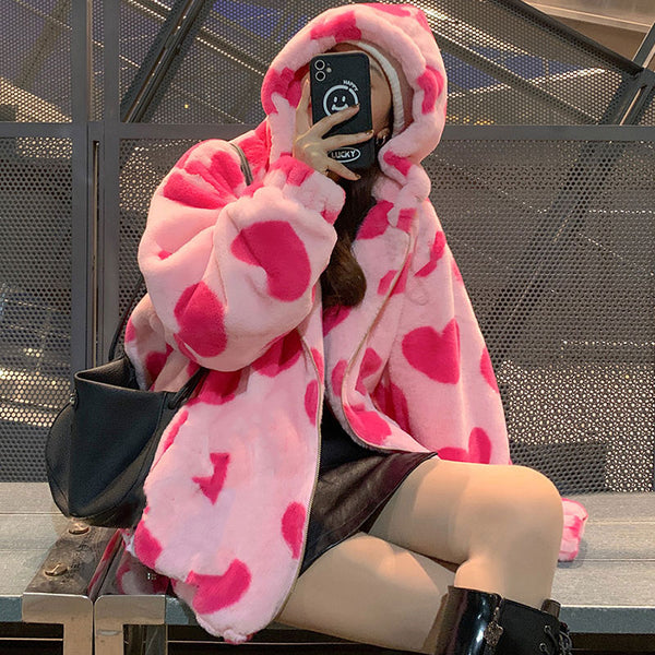 Harajuku Heart Print Cozy Jacket - Juneptune