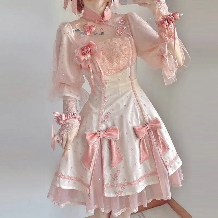 Sweet Lolita Pink Floral Dress - Juneptune