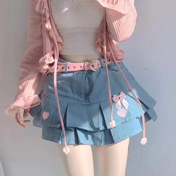 Sweet Lolita Bow Denim Skirt With Belt - Juneptune