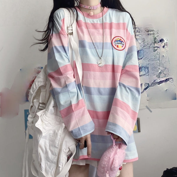 Kawaii Pastel Striped Oversized Blouse - Juneptune