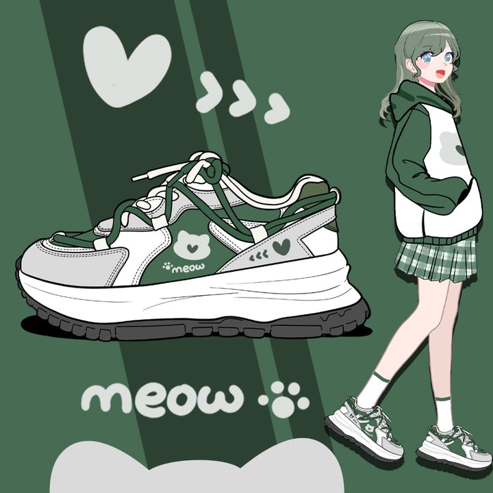 Kawaii Green Cat Chunky Sneakers - Juneptune