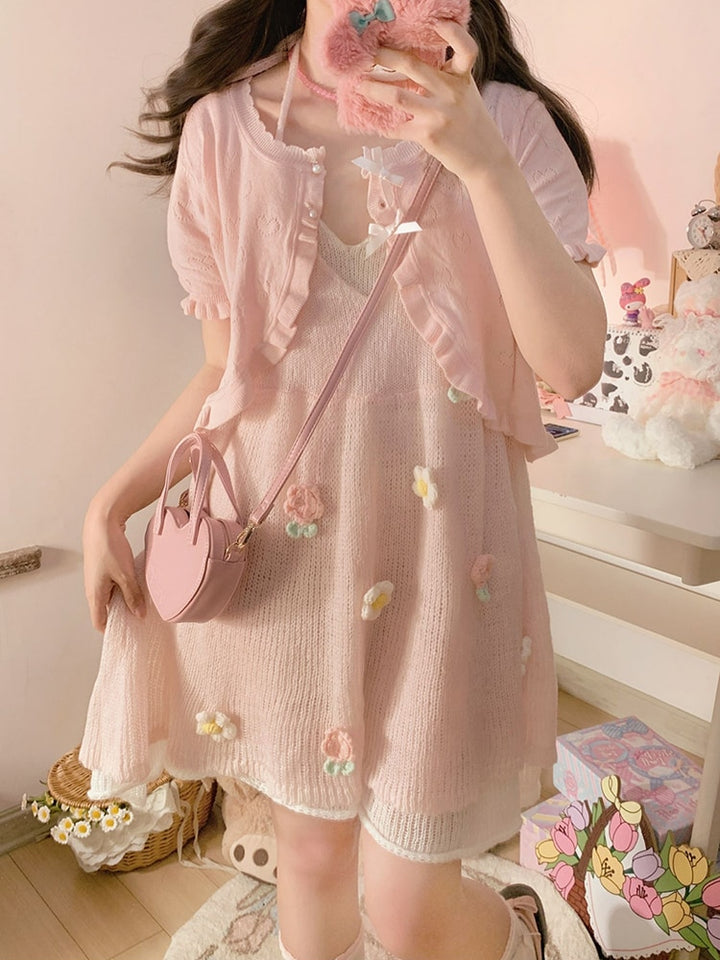 Kawaii Knitted Flower Pink Dress With Cardigan - Juneptune